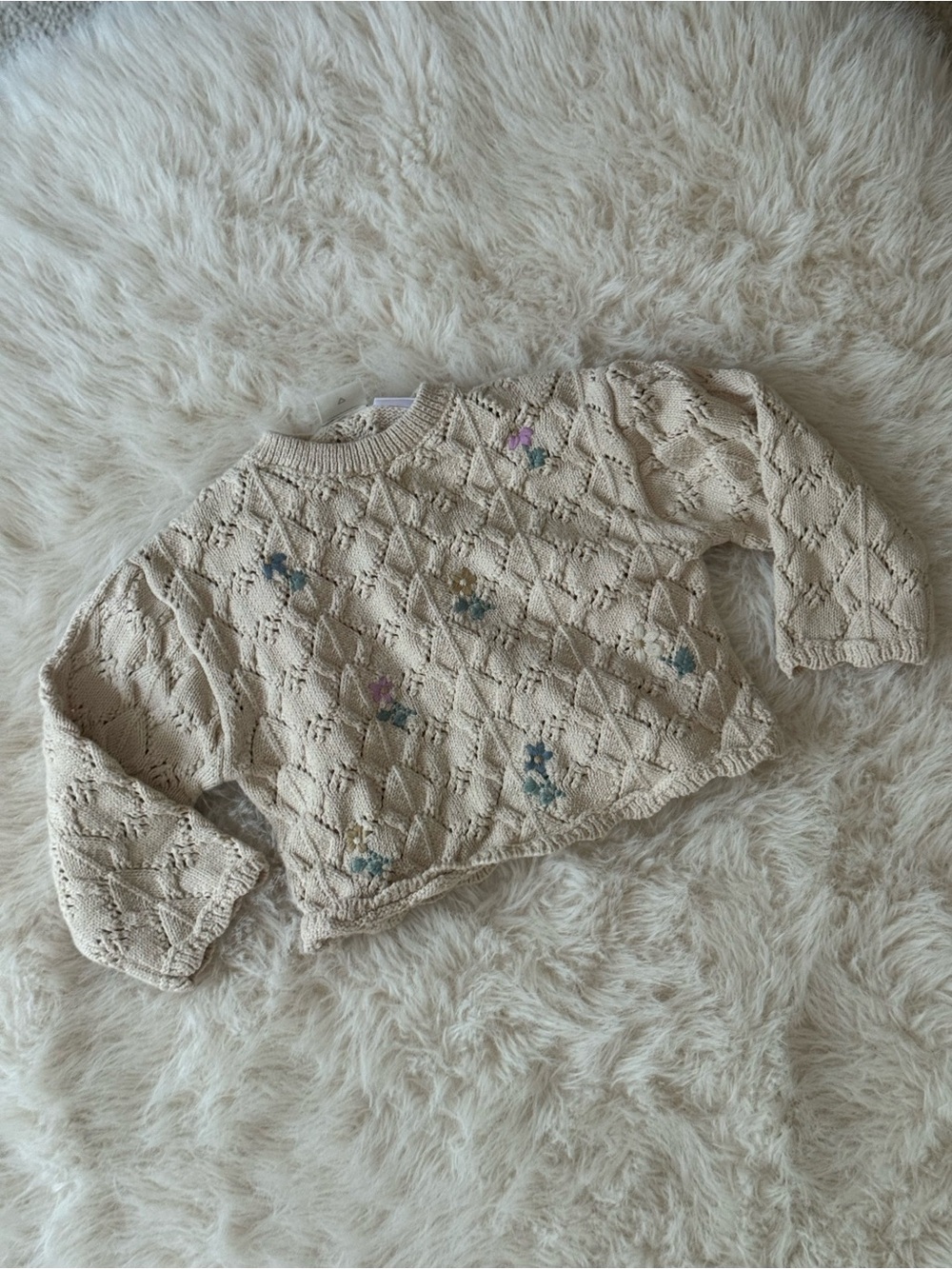 Zara Cream Open-Knit Sweater with Pastel Floral Embroidery